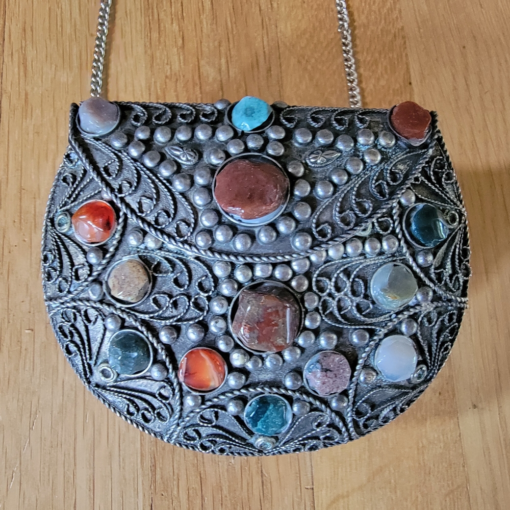 Silver Metal Hippy Hobo Purse with Intricate Design, Genuine Stones